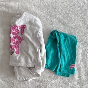 Nike White Tee with Pink Script & Teal Athletic Shorts